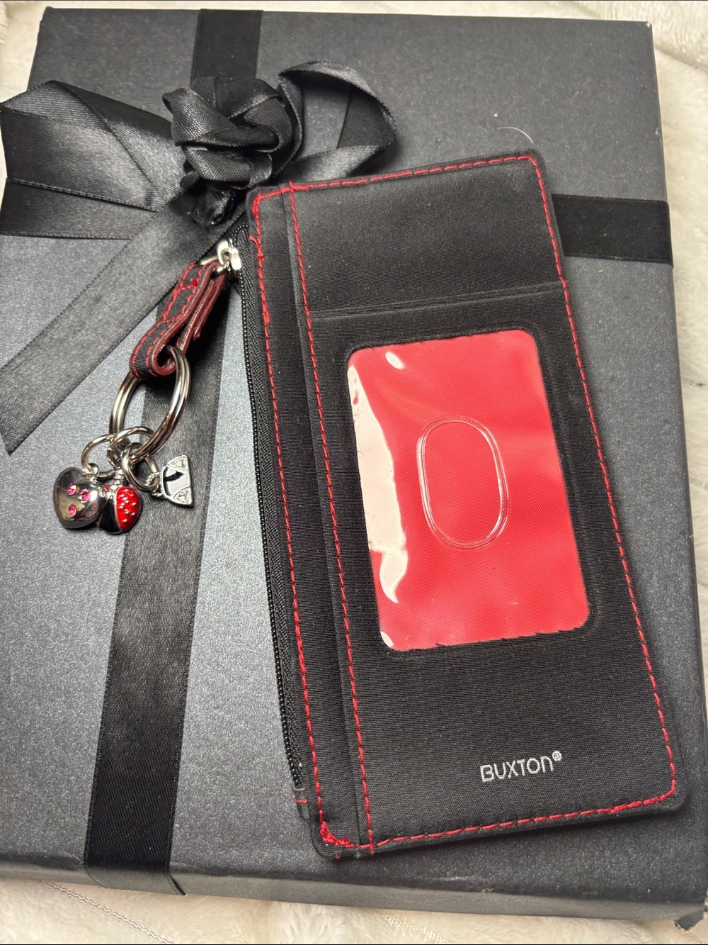Buxton Card Holder with Attached Key Ring and Charms